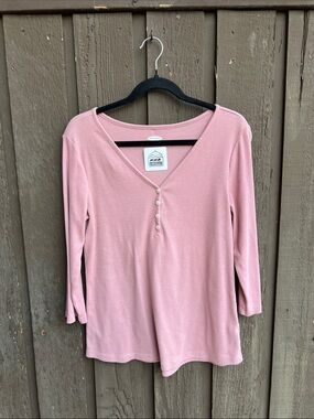 Cozy Three-Button V-Neck Long Sleeve Top - Dusty Pink